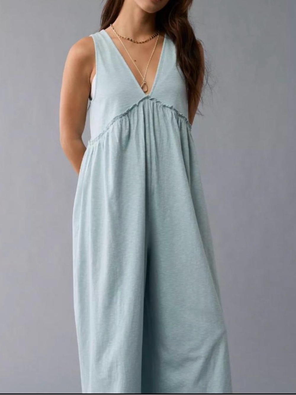 American Eagle Sunchaser Knit V-Neck Wide Leg Jumpsuit Romper Blue M Boho Cotton